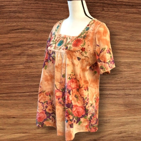 Vintage Goa Square Neck Floral Embroidered Boho Women's Top in Mango ~ Large NWT - Picture 3 of 11